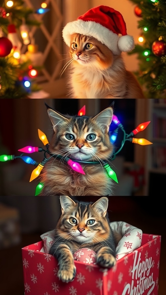 Funny Cat Christmas Images Funny cats in Christmas attire and playful poses, including a cat in a Santa hat and one tangled in Christmas lights.